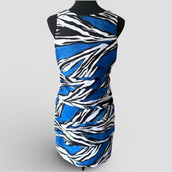 MICHAEL KORS Blue Black White Ruffled Zebra Stripe Sleeveless Dress - Picture 3 of 14